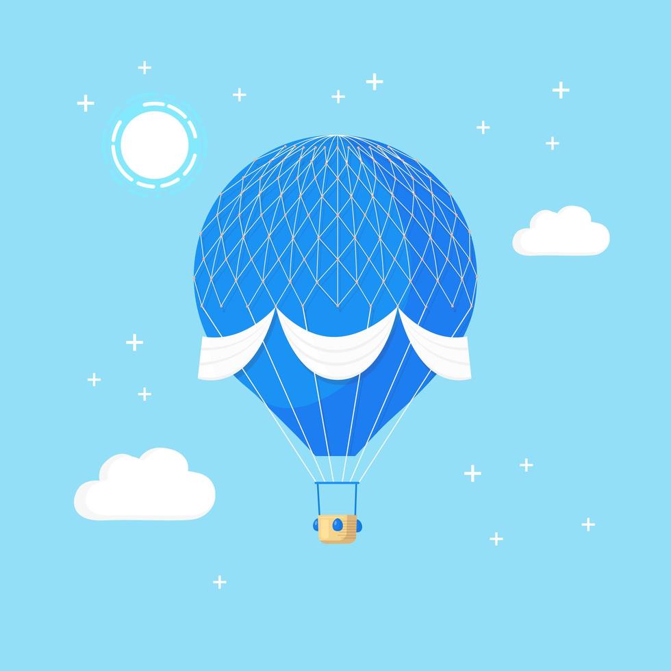 Vintage retro hot air balloon with basket in sky isolated on background. Vector cartoon design