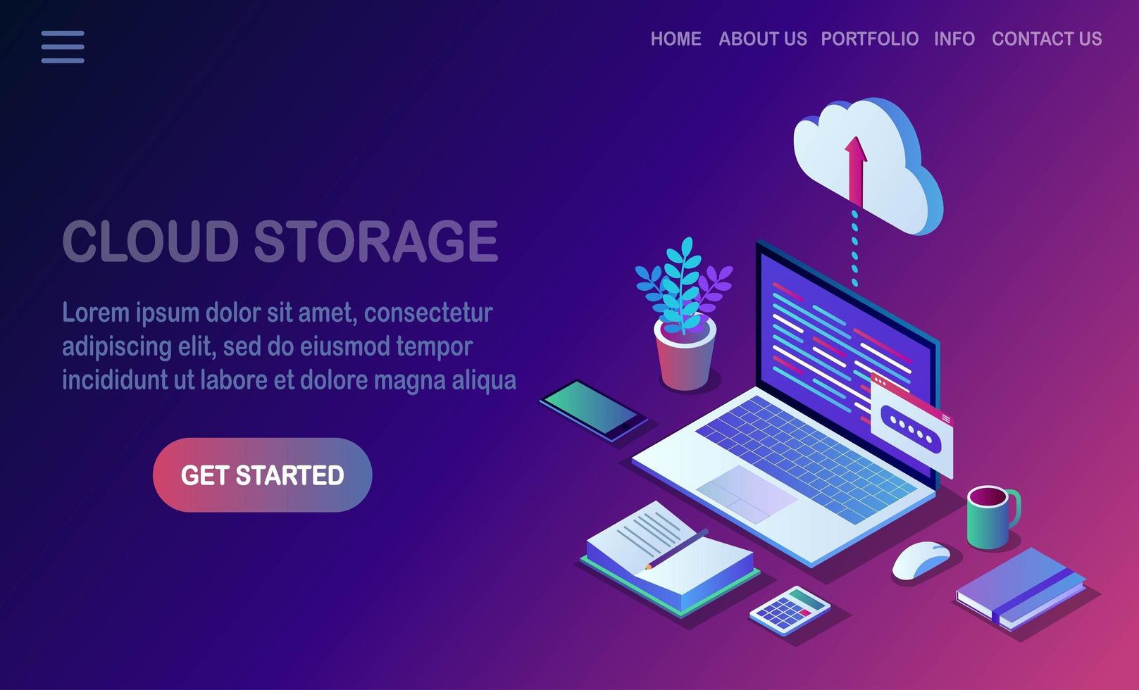 Cloud storage technology. Data backup. 3d isometric laptop, computer, pc with mobile phone isolated on background. Hosting service for website. Vector design for banner