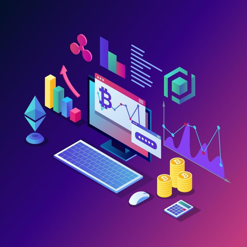 Cryptocurrency and blockchain. Mining bitcoins. Digital payment with virtual money, finance. 3d isometric computer, laptop with coin, token. Vector design for banner