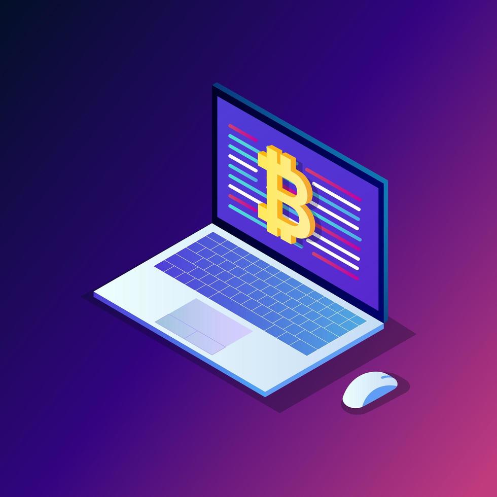 Cryptocurrency and blockchain. Mining bitcoins. Digital payment with virtual money, finance. 3d isometric computer, laptop with coin, token. Vector design for banner