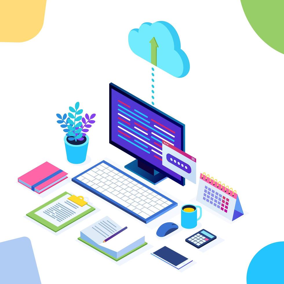 Cloud storage technology. Data backup. 3d isometric computer, pc with mobile phone isolated on background. Hosting service for website. Vector design for banner