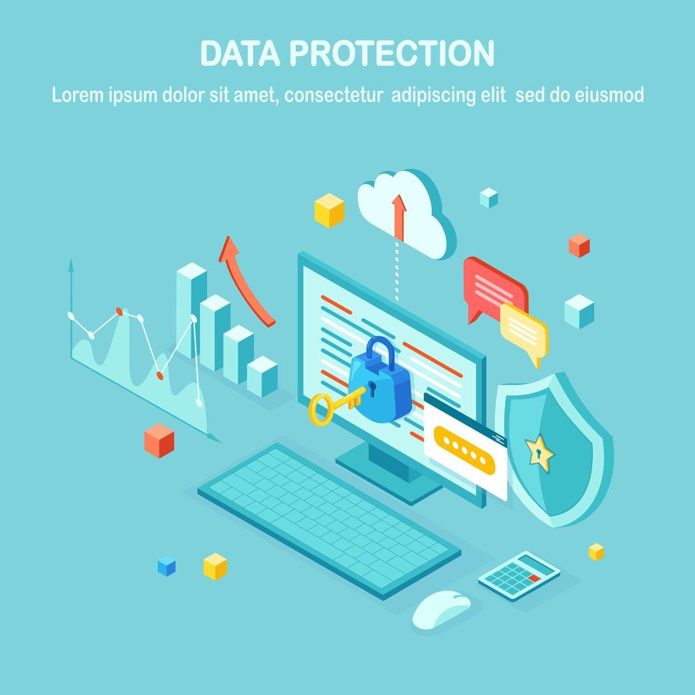 Data protection. Internet security, privacy access with password. 3d isometric computer pc with key, lock, shield. Vector design for banner