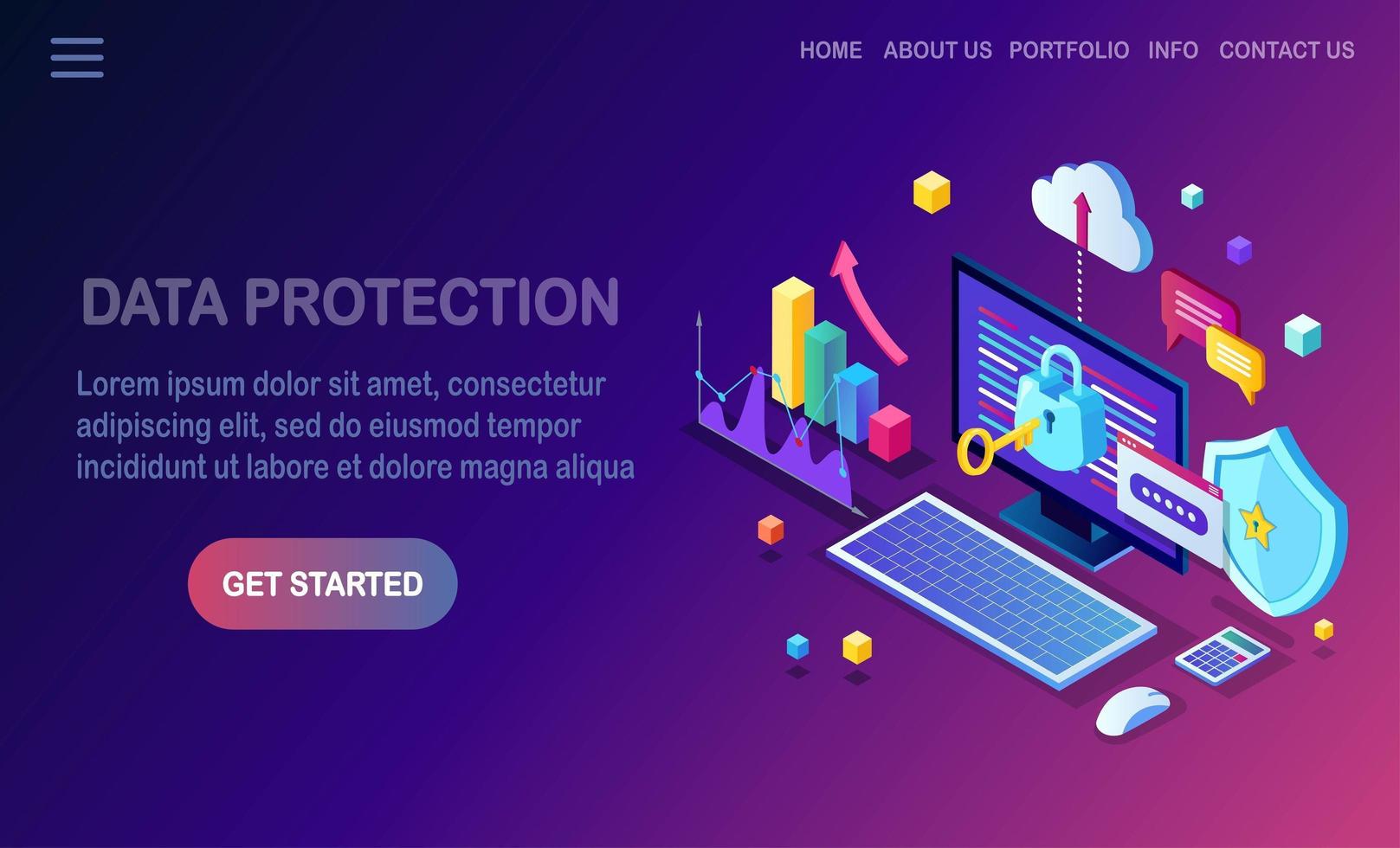 Data protection. Internet security, privacy access with password. 3d isometric computer pc with key, lock, shield. Vector design for banner