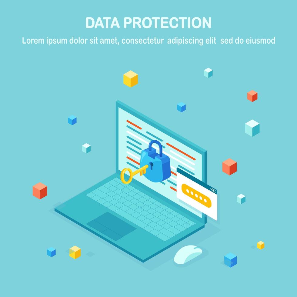 Data protection. Internet security, privacy access with password. 3d isometric computer pc, laptop with key, lock. Vector design for banner