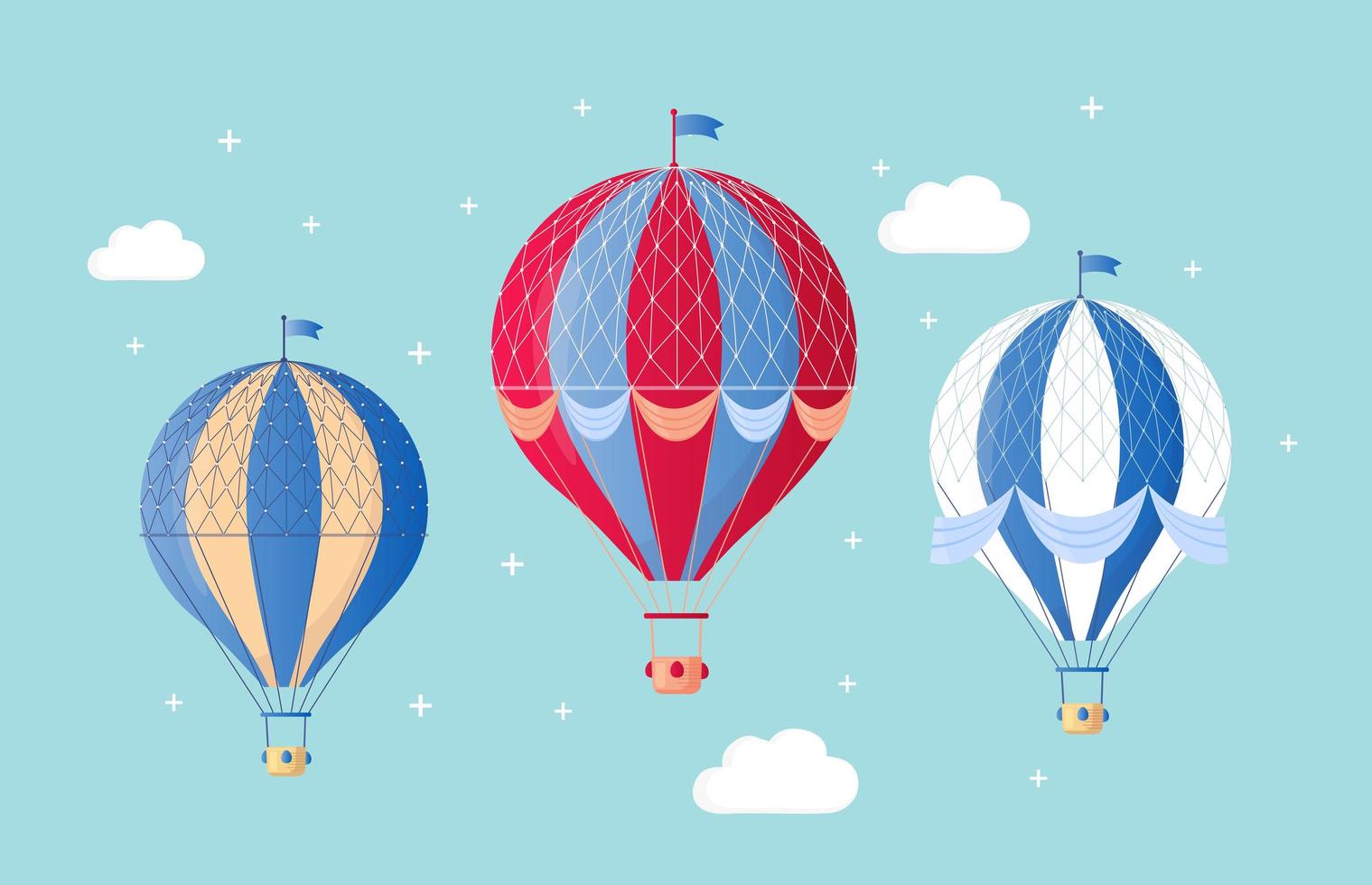 Set of vintage retro hot air balloon with basket in sky isolated on background. Vector cartoon design