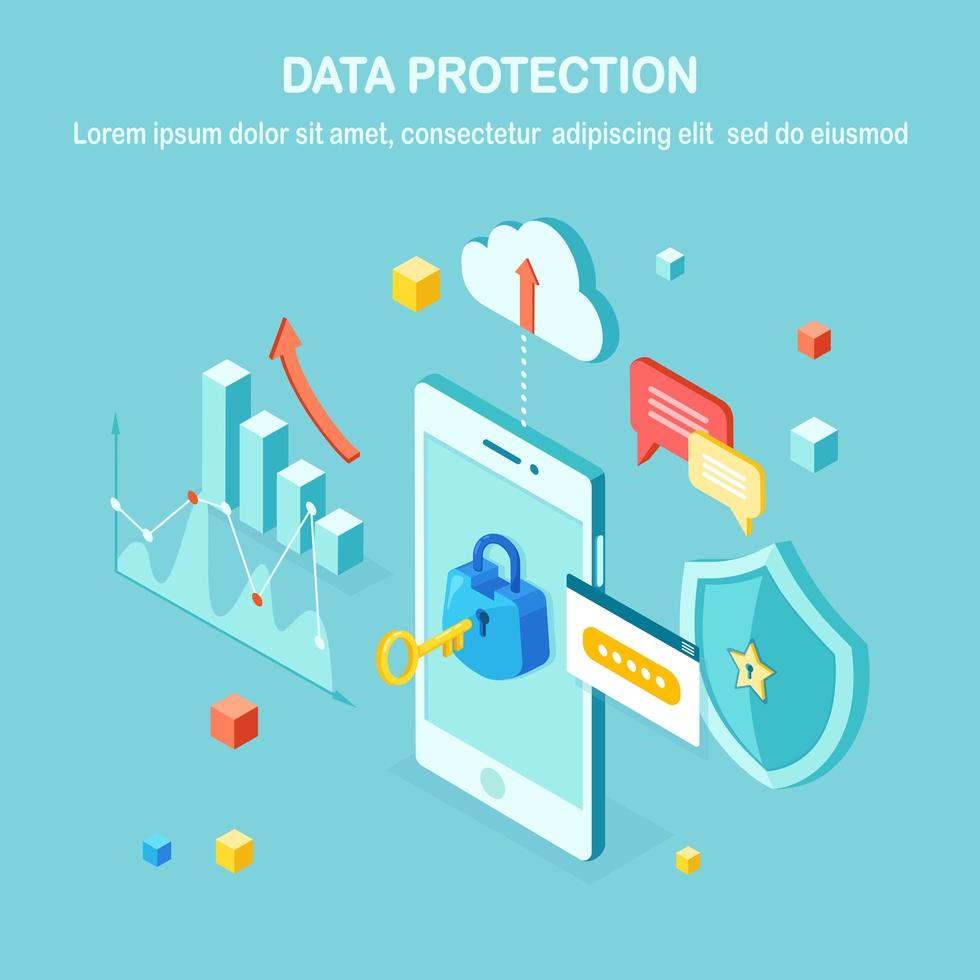 Data protection. Internet security, privacy access with password. 3d isometric mobile phone with key, lock, shield, cloud, speech bubble, smartphone, money, chart, graph. Vector design for banner