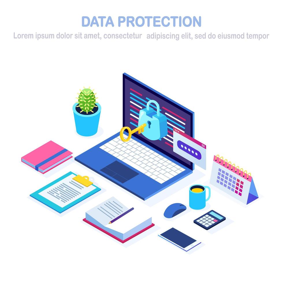 Data protection. Internet security, privacy access with password. 3d isometric computer pc with key, lock. Vector design for banner