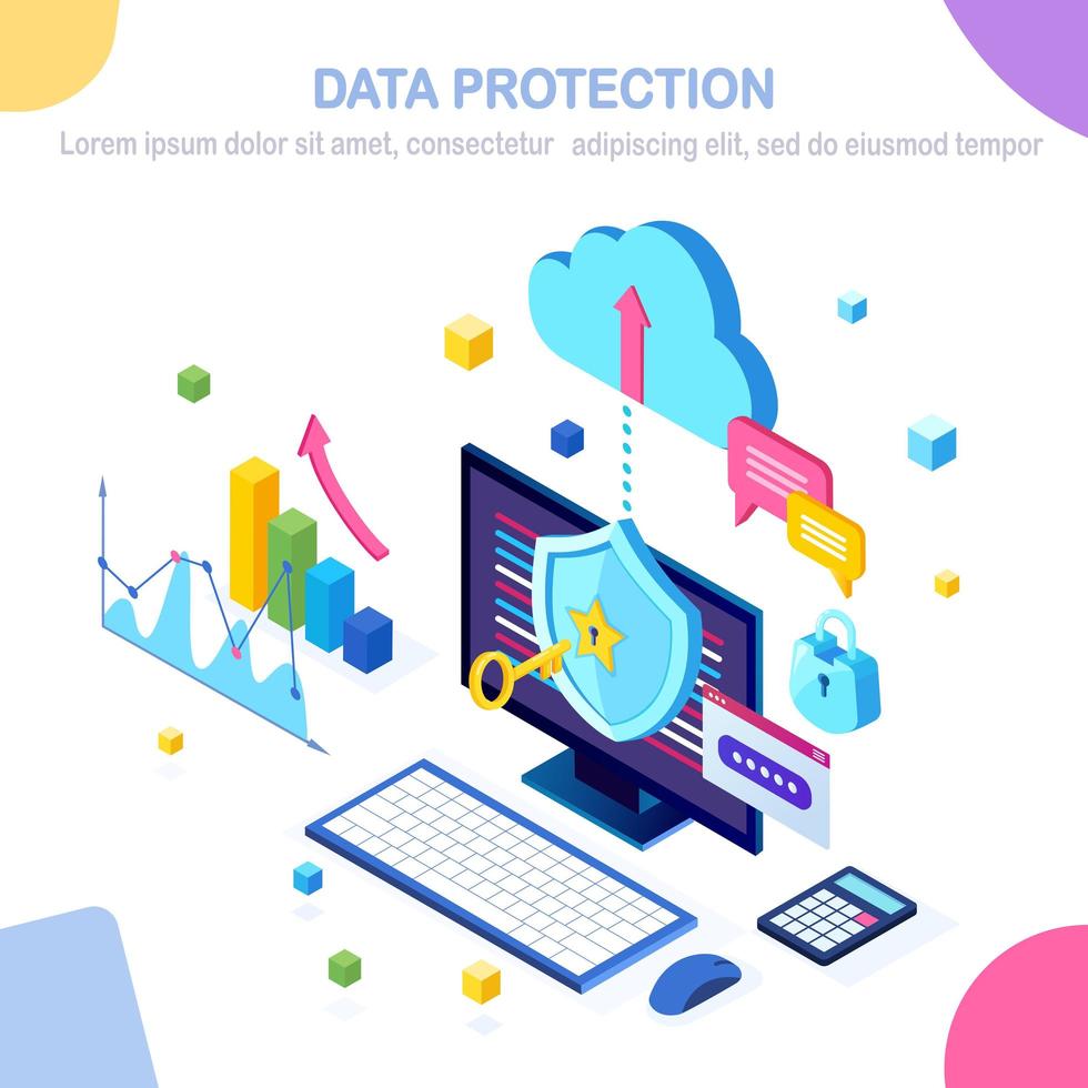 Data protection. Internet security, privacy access with password. 3d isometric computer pc with key, lock. Vector design for banner