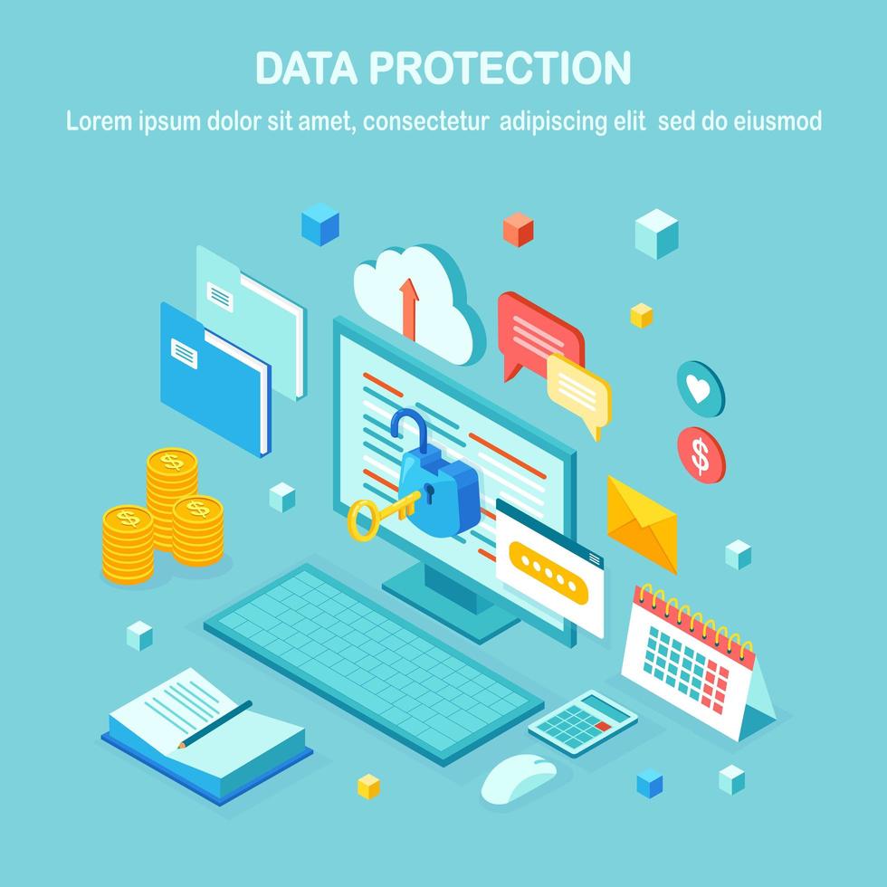 Data protection. Internet security, privacy access with password. 3d isometric computer pc with key, open lock, folder, cloud, documents, laptop, money. Vector design for banner