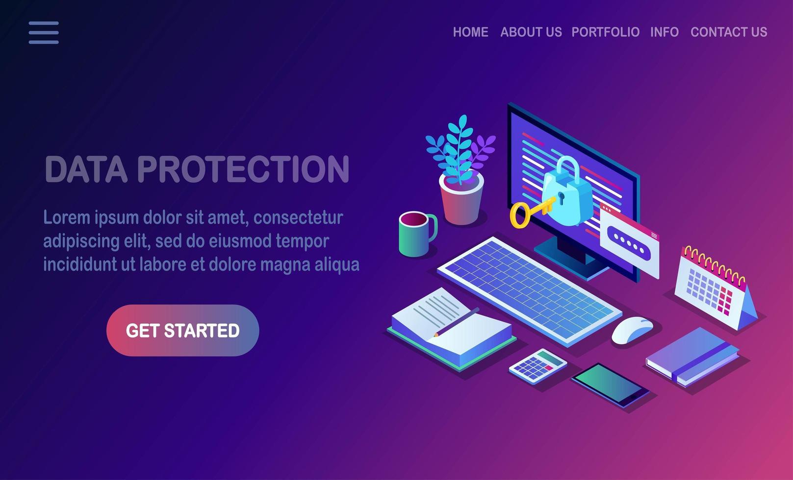 Data protection. Internet security, privacy access with password. 3d isometric computer pc with key, lock. Vector design for banner