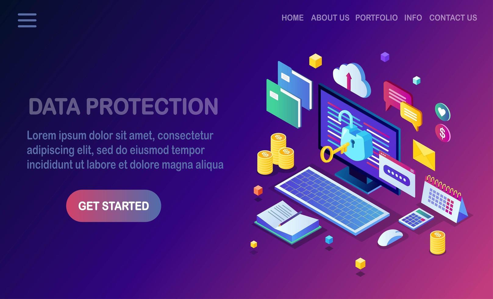 Data protection. Internet security, privacy access with password. 3d isometric computer pc with key, open lock, folder, cloud, documents, laptop, money. Vector design for banner