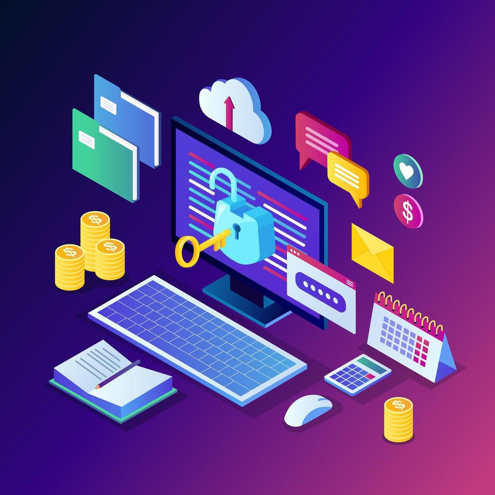 Data protection. Internet security, privacy access with password. 3d isometric computer pc with key, open lock, folder, cloud, documents, laptop, money. Vector design for banner