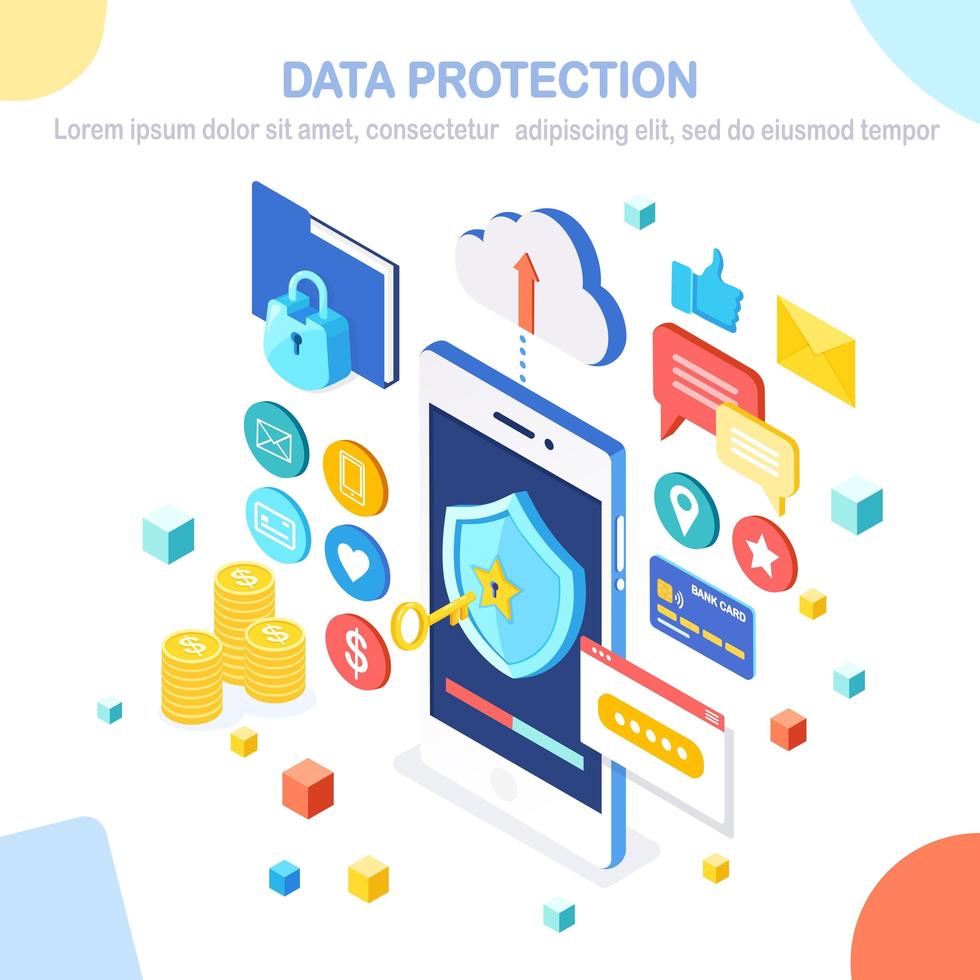 Data protection. Internet security, privacy access with password. 3d isometric mobile phone with key, shield, lock, folder, cloud, documents, credit card, money, message. Vector design for banner