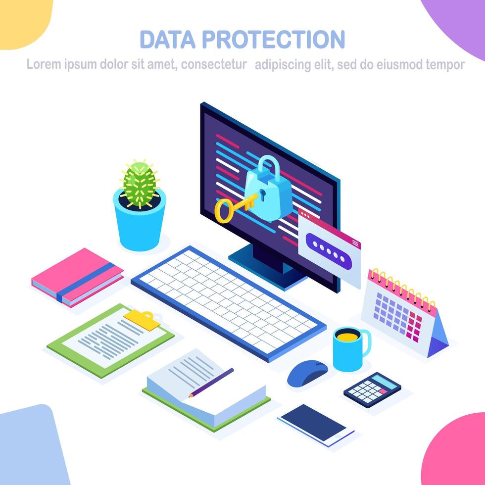 Data protection. Internet security, privacy access with password. 3d isometric computer pc with key, lock. Vector design for banner
