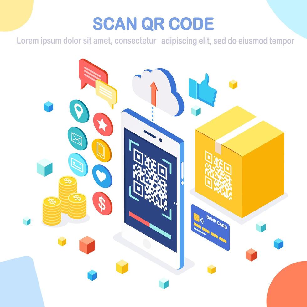 Scan QR code to phone. Mobile barcode reader, scanner with cardboard carton box, cloud, credit bank card, money. Electronic digital payment with smartphone. 3d isometric device. Vector flat design
