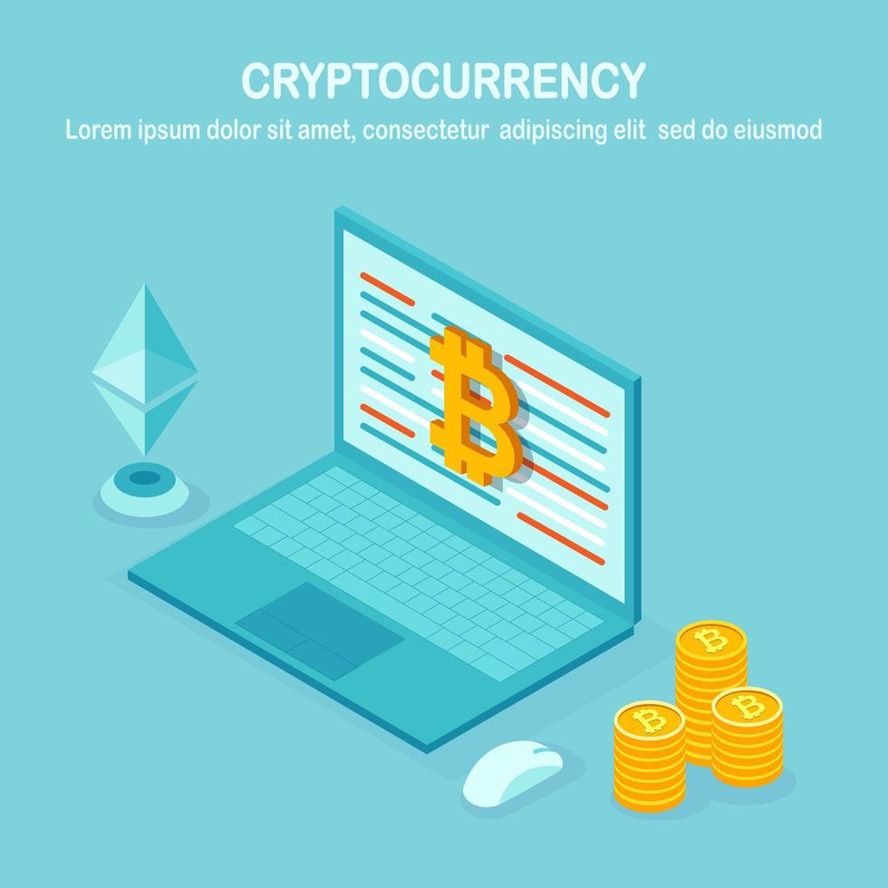 Cryptocurrency and blockchain. Mining bitcoins. Digital payment with virtual money, finance. 3d isometric computer, laptop with coin, token. Vector design for banner