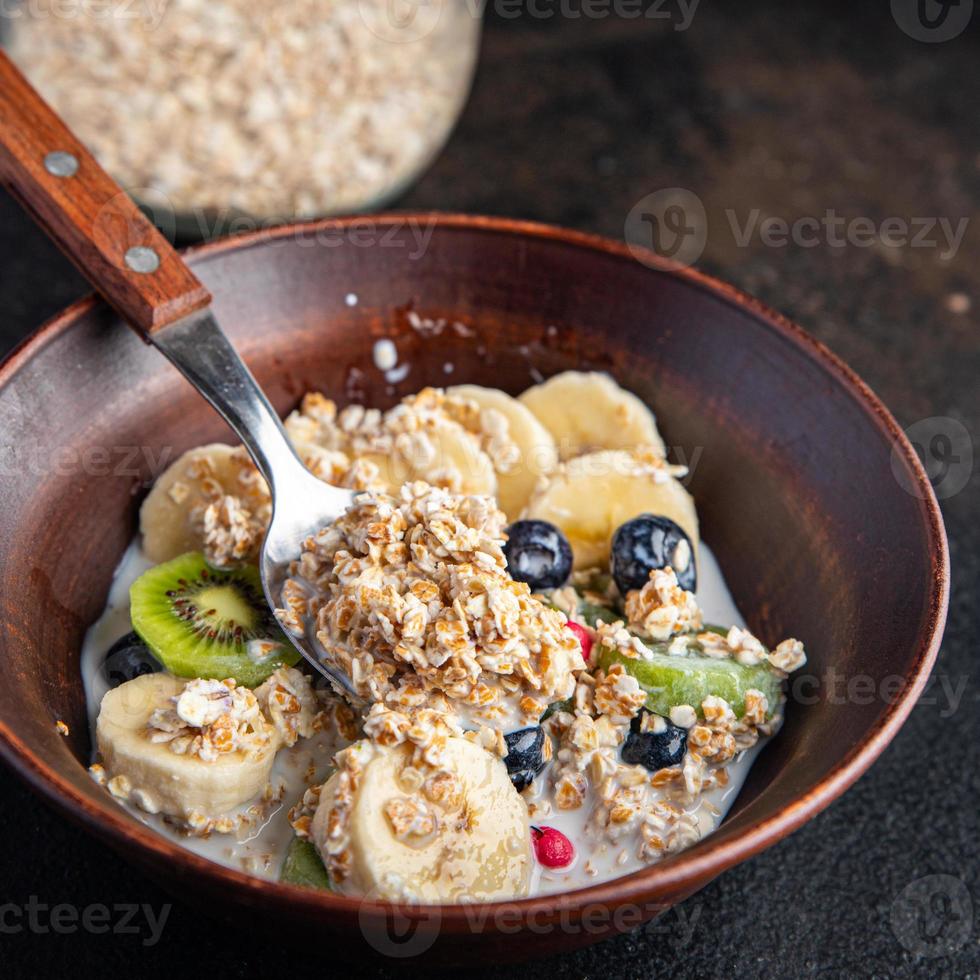 oatmeal berries oat flakes breakfast porridge vegan or vegetarian food photo