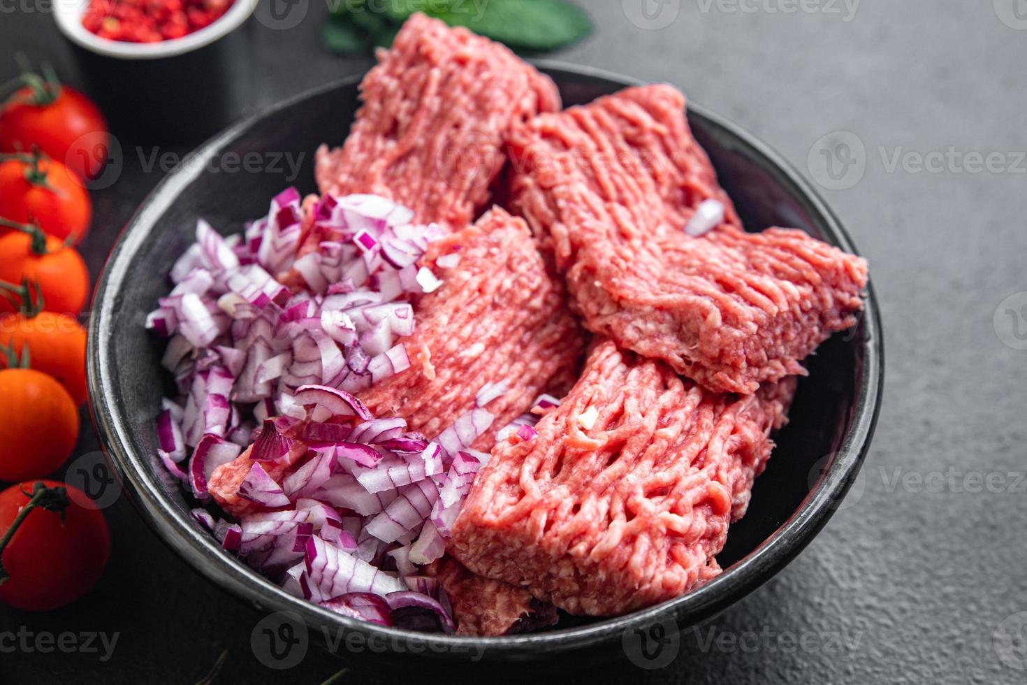 ground meat fresh minced meat pork, beef, lamb cutlets or meatballs photo