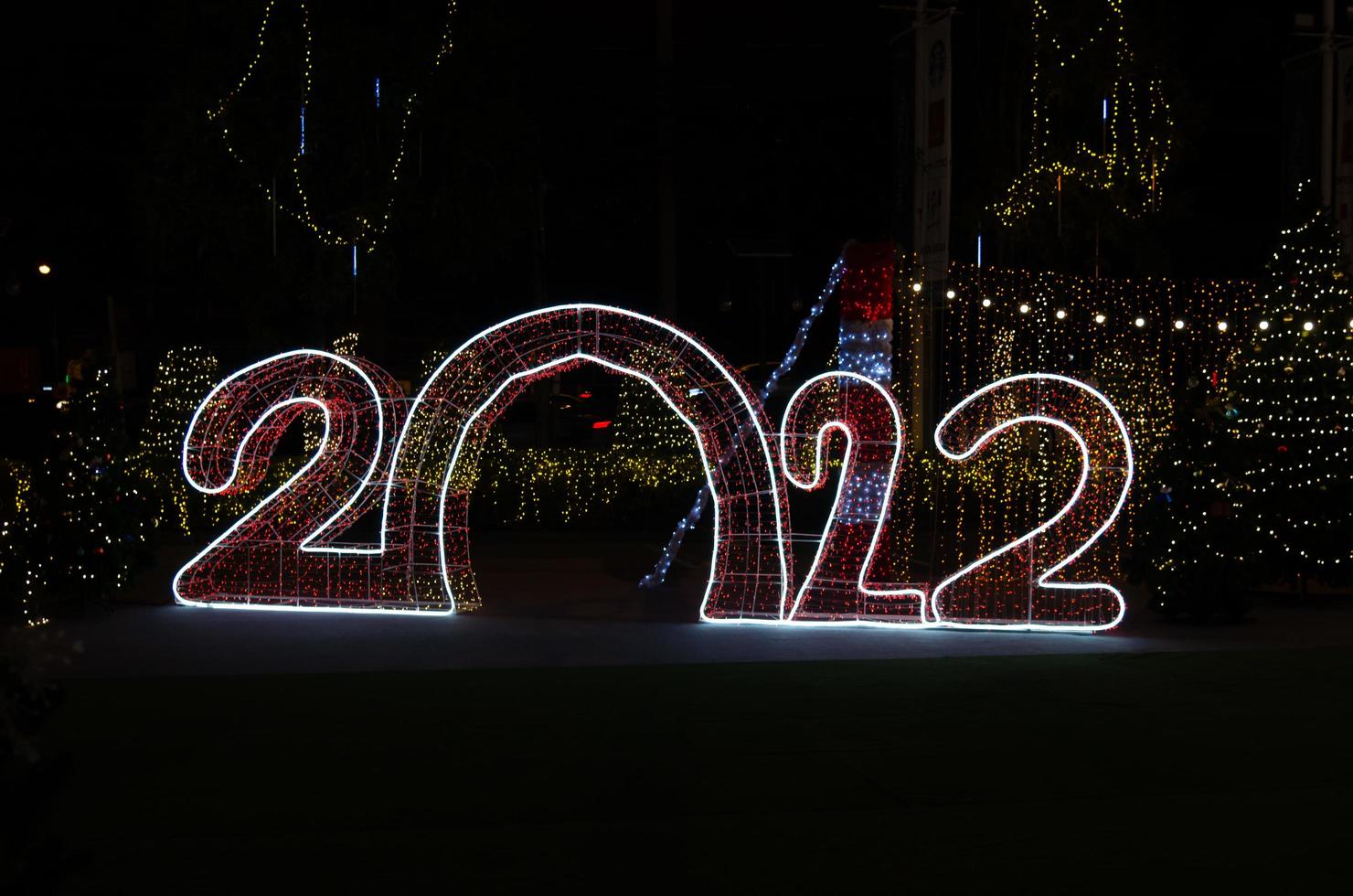 happy new year 2022 festive lights. copy space  background. photo