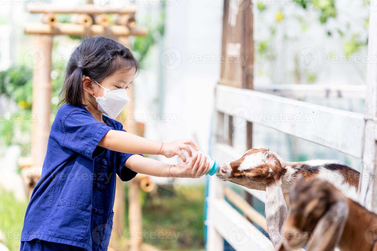 Los niños usan una mascarilla blanca para evitar la propagación de virus y pequeños polvos tóxicos pm2.5 cuando aprenden afuera. el niño sostiene el biberón a la cabra en la cerca. foto