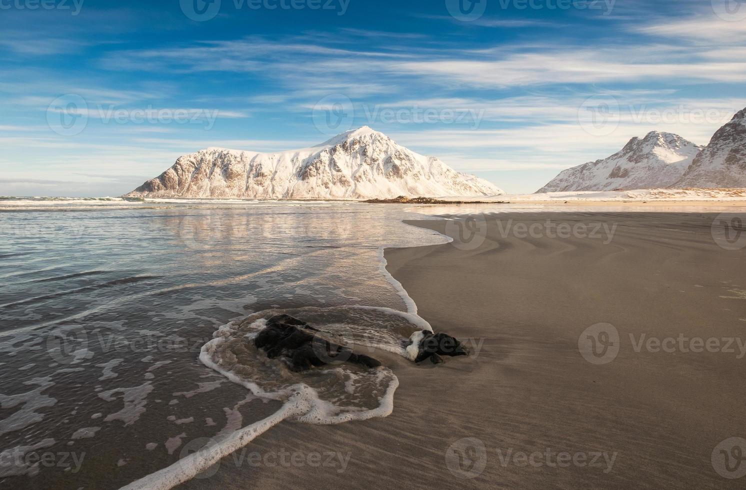 Snowy mountain with wave on beach in morning photo