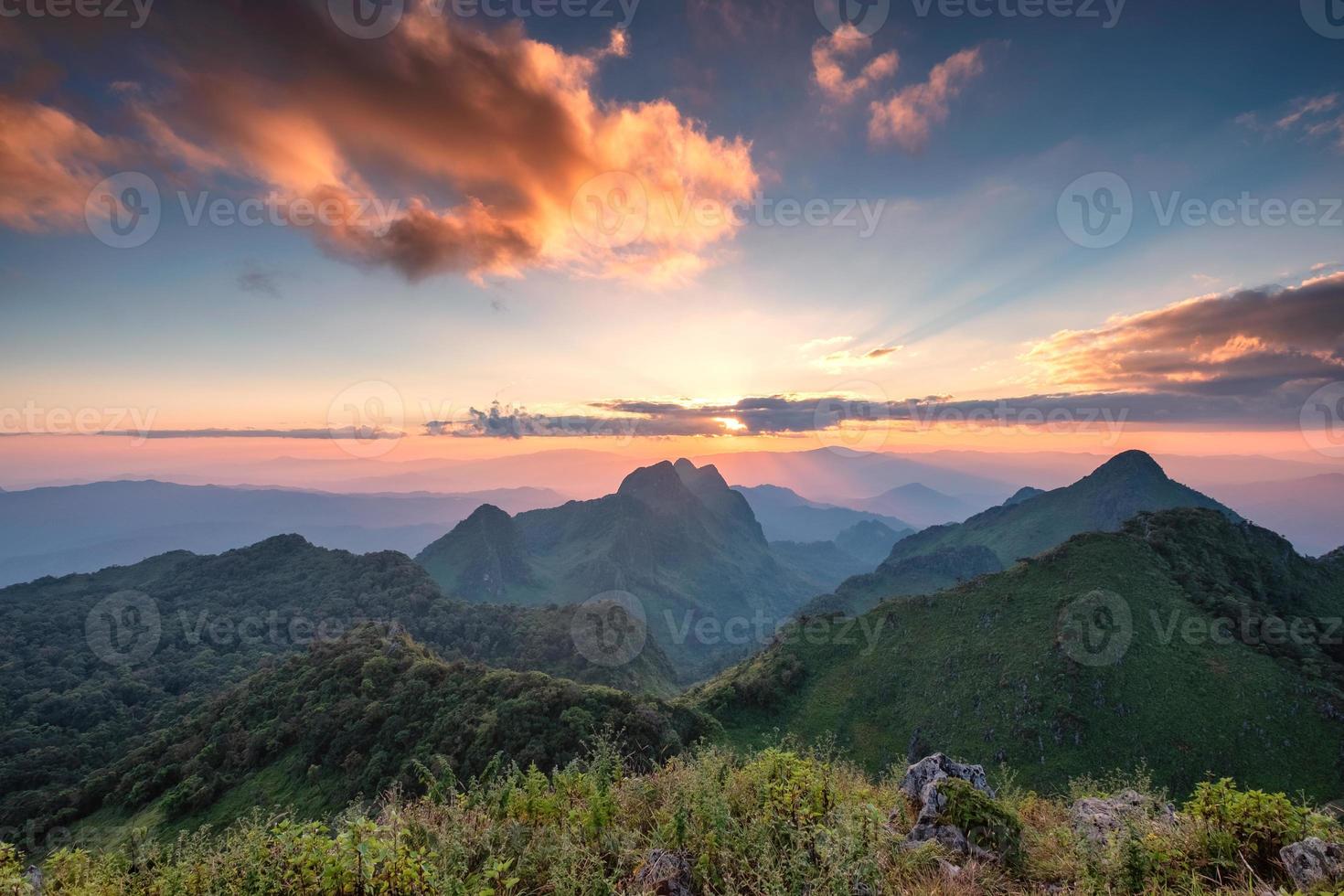 Landscape of sunset on mountain range in wildlife sanctuary at Doi Luang Chiang  Dao national park photo