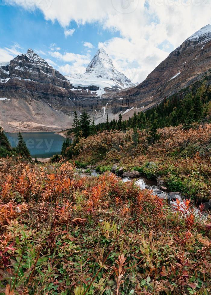 Mount Assiniboine with Lake Magog in autumn forest at provincial park photo