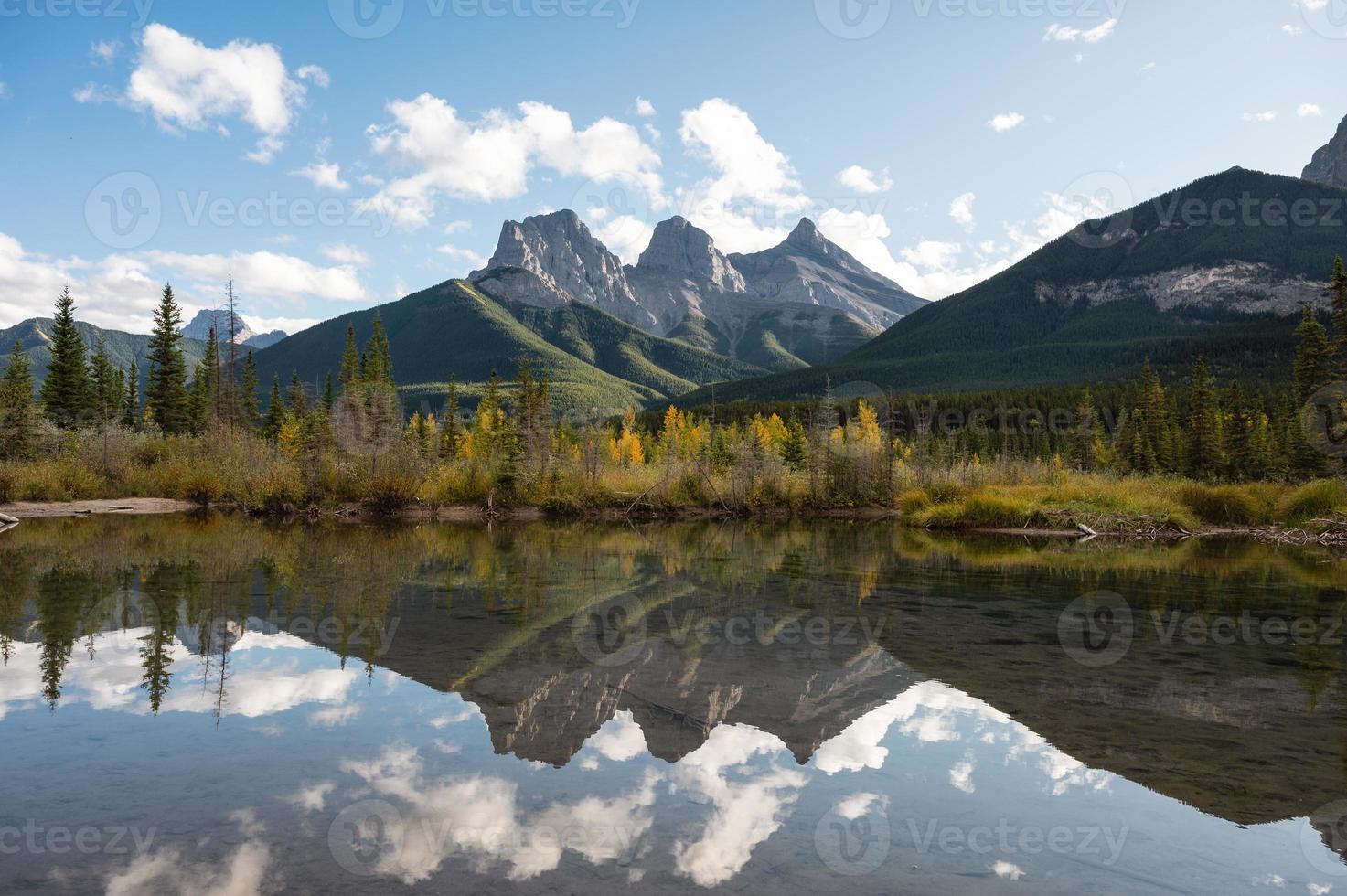 Scenery of Three Sisters Mountains reflection on Bow River in autumn forest photo