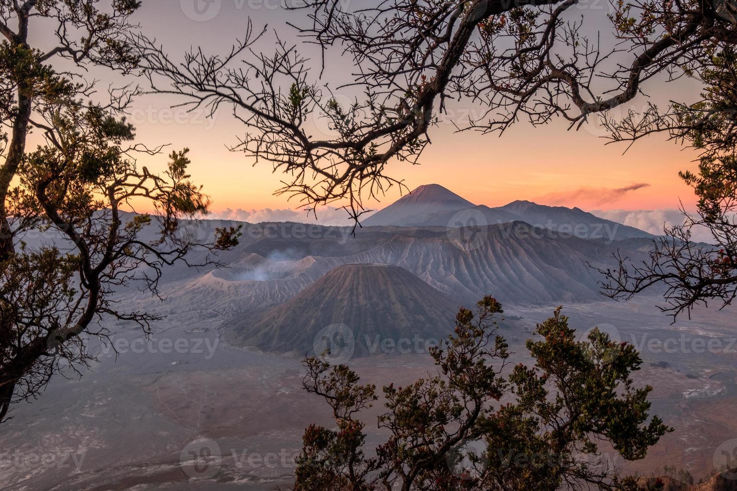 Monte volcán activo con marco de árbol al amanecer. foto