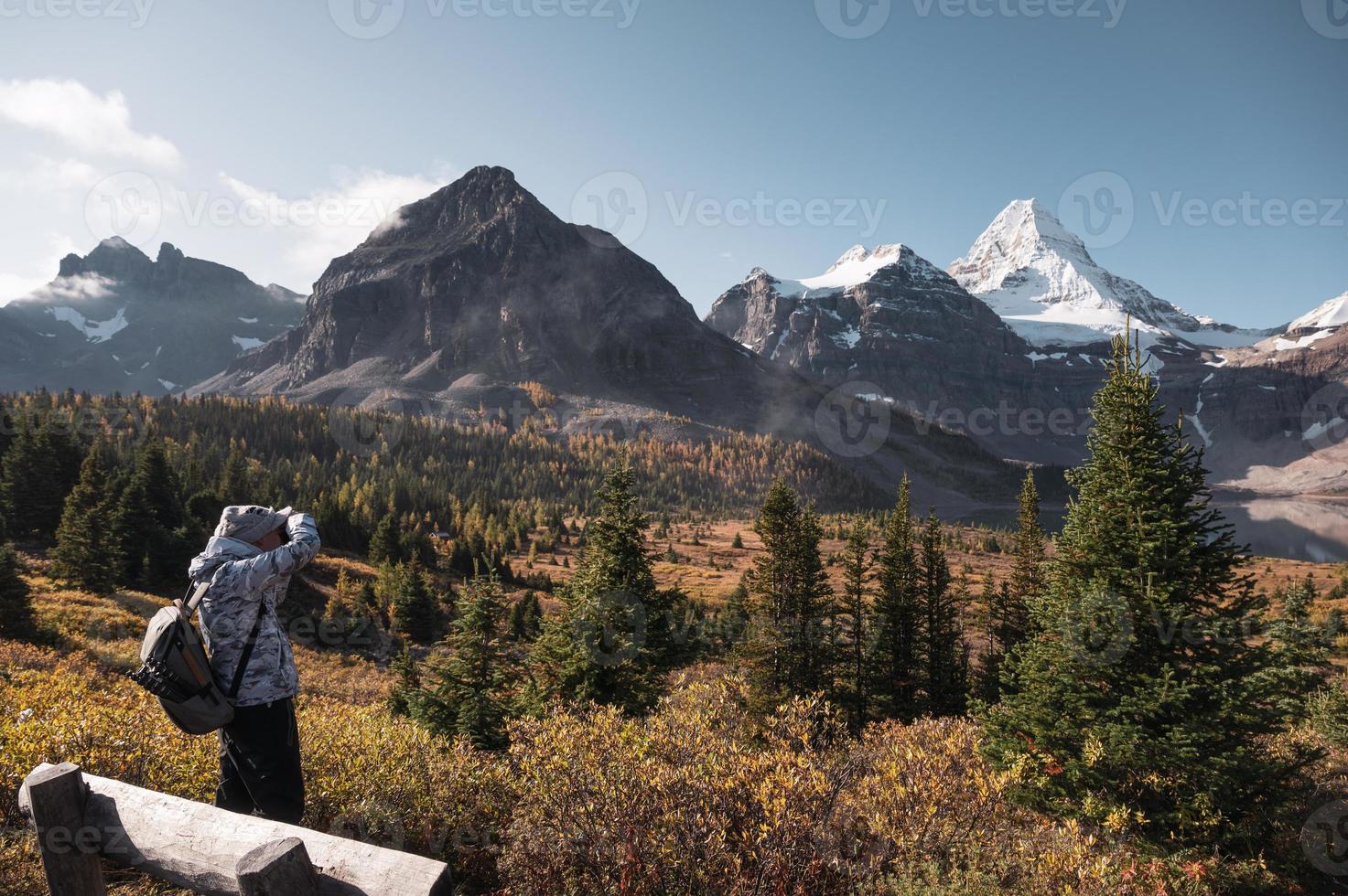 Man traveler taking photo with mount Assiniboine in autumn forest at provincial park