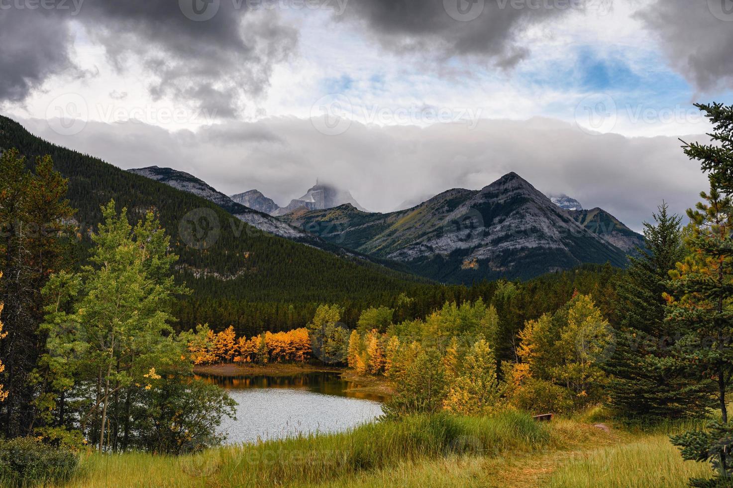 Rocky mountain in autumn forest on gloomy day photo
