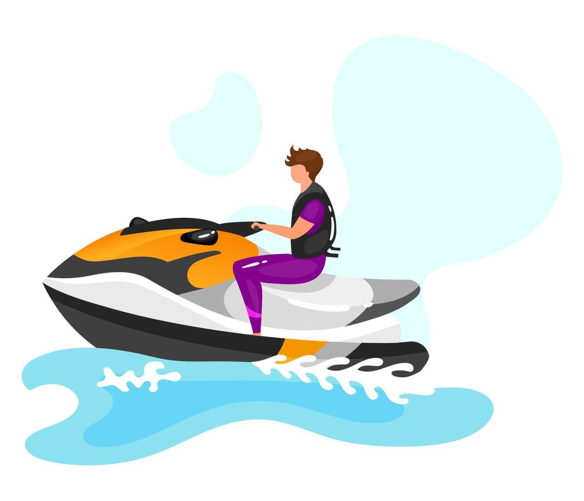 Man on water scooter flat vector illustration. Extreme sports experience. Active lifestyle. Summer vacation outdoor fun activities. Ocean waves. Sportsman isolated cartoon character on blue background