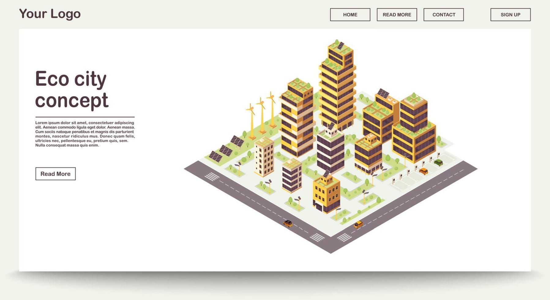 Plantilla de vector de página web de ciudad ecológica con ilustración isométrica