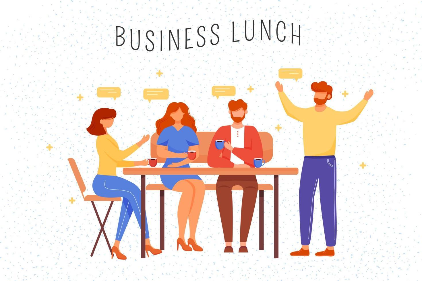 Business lunch flat vector illustration. Office workers in cafe drinking coffee and chatting. Partners discussing project cartoon characters. Business people conference, coworkers teamwork concept