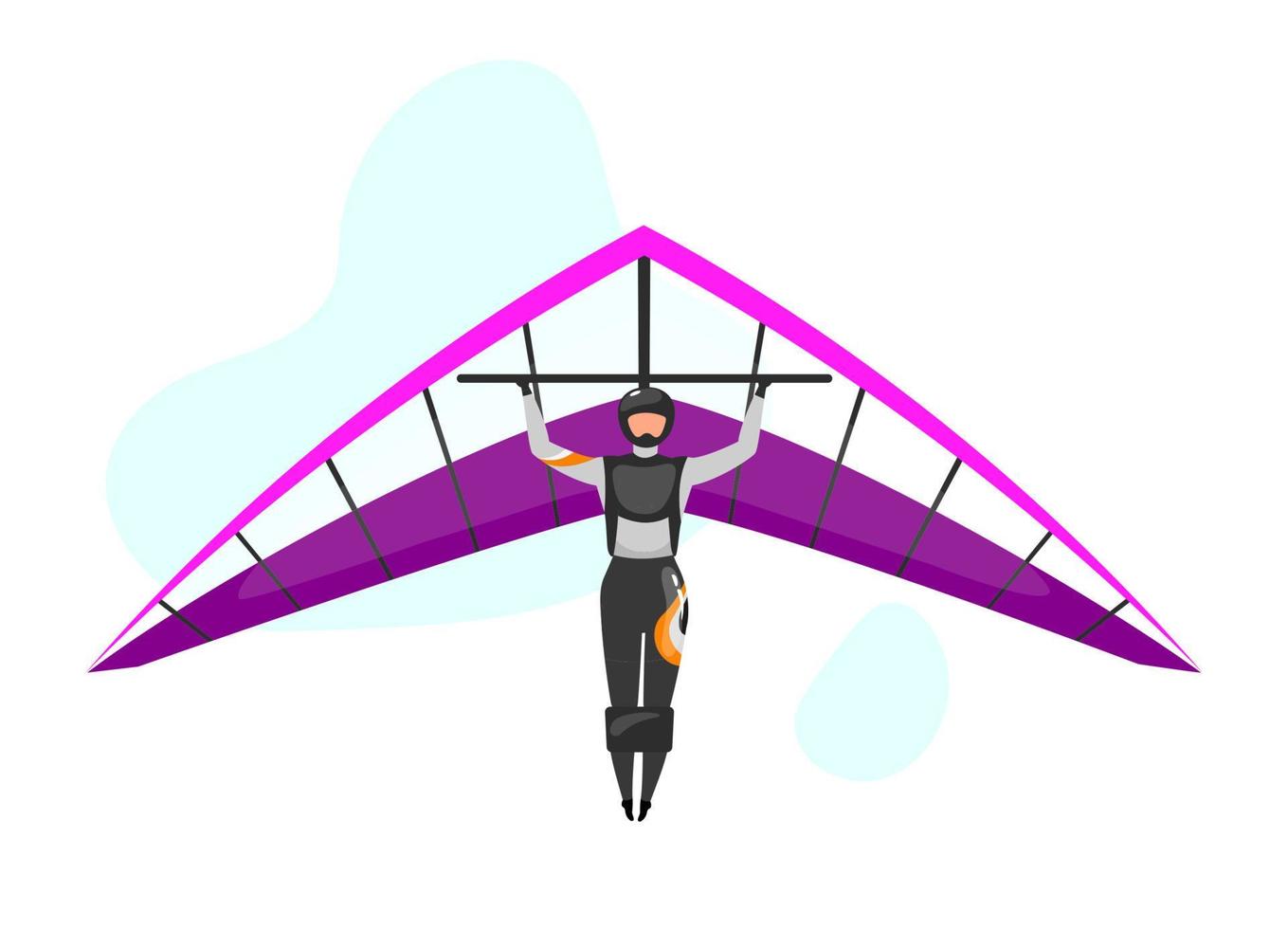 Hang gliding flat vector illustration. Skydiving, paragliding experience. Extreme sports. Active lifestyle. Outdoor activities. Sportsman isolated cartoon character on blue background