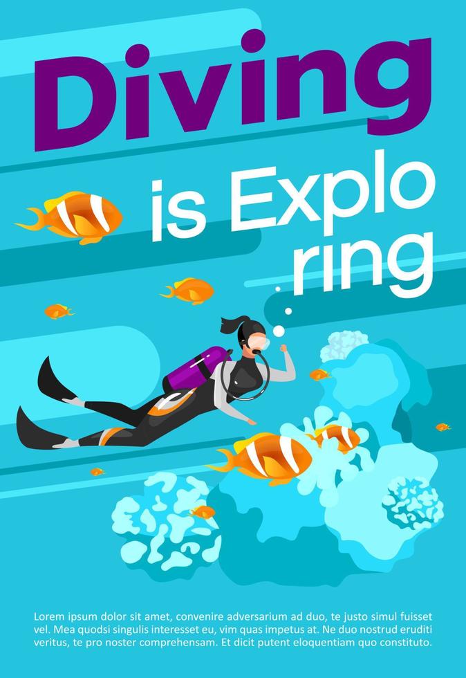 Diving is exploring poster vector template. Extreme watersport. Brochure, cover, booklet page concept design with flat illustrations. Scubadiving. Advertising flyer, leaflet, banner layout idea