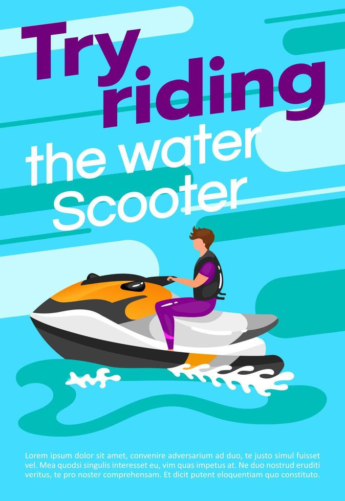 Try riding the water scooter poster vector template. Watersport. Brochure, cover, booklet page concept design with flat illustrations. Extreme sport. Advertising flyer, leaflet, banner layout idea