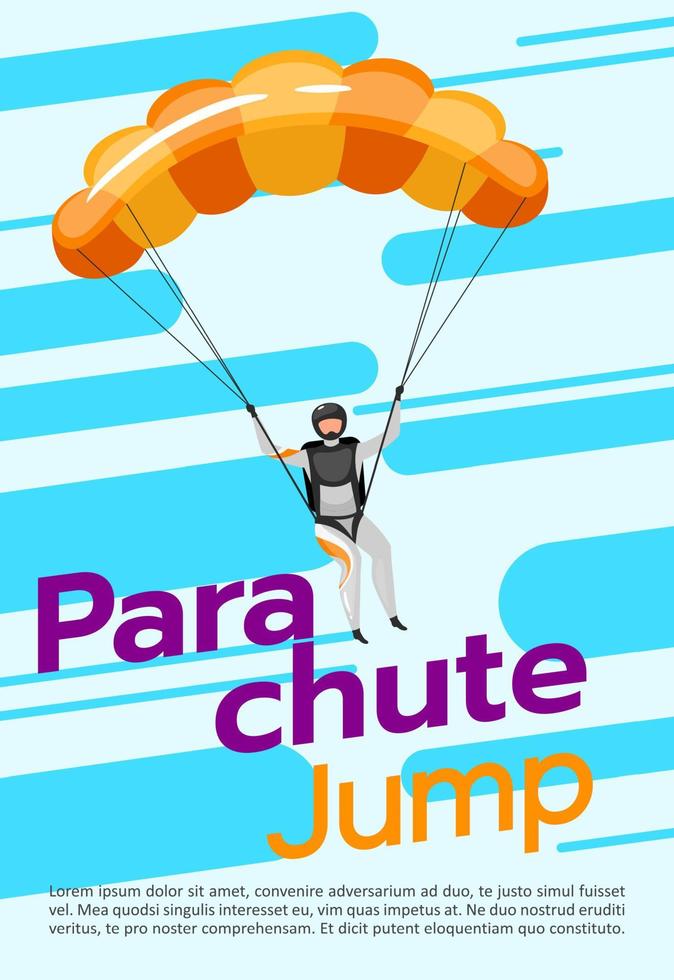 Plantilla de vector de cartel de salto de paracaídas. paracaidismo, parapente. folleto, portada, diseño de concepto de página de folleto con ilustraciones planas. deporte extremo. folleto publicitario, folleto, idea de diseño de banner.