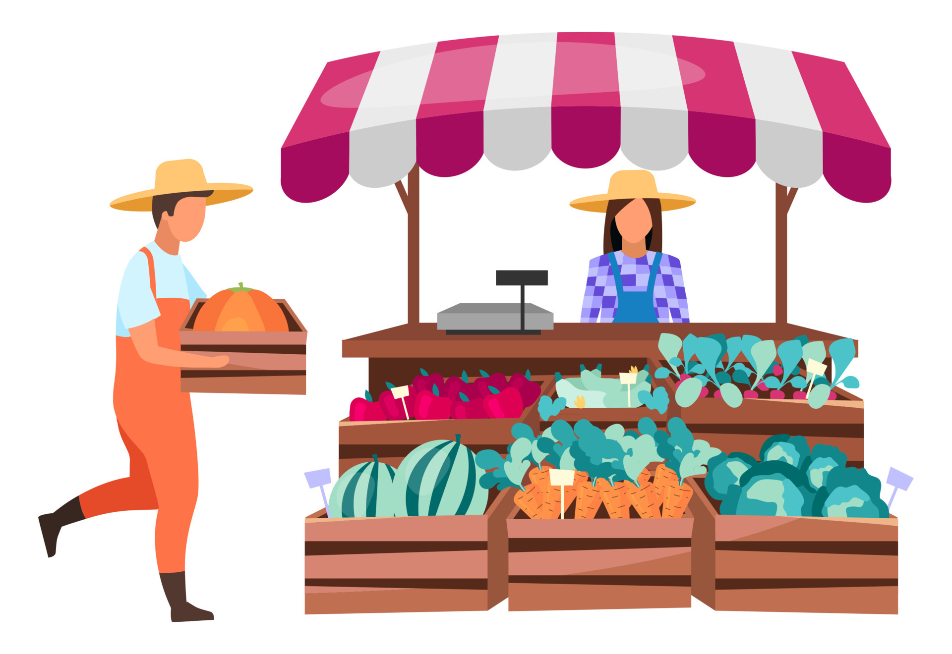 Farmers market stall flat vector illustration. Summer outdoor vegetable  store with seller. Eco farm products, rural organic produce trade tent,  shop. Agribusiness, farming business cartoon concept 4816659 Vector Art at  Vecteezy