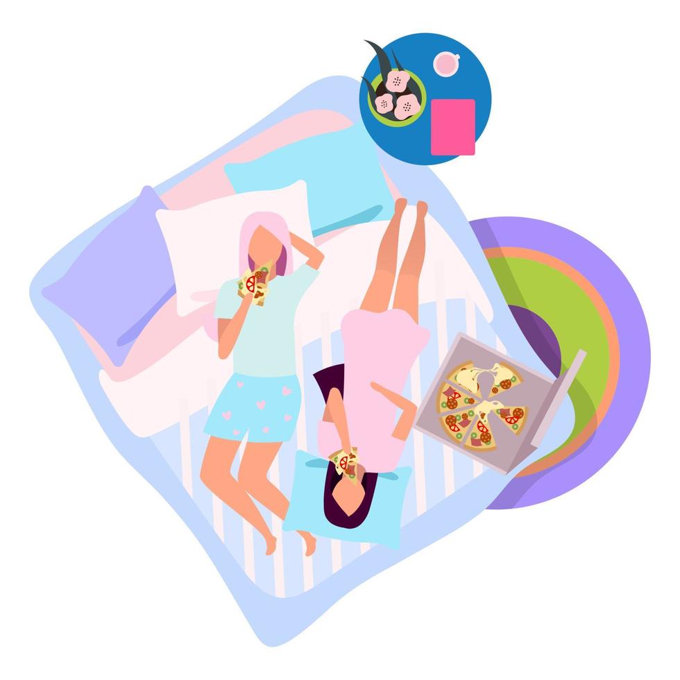 Girls night flat vector illustration. Girlfriends in pajamas eating pizza on bed cartoon characters. Sleepover, slumber party. Best friends spending time together, pastime. Female friendship concept