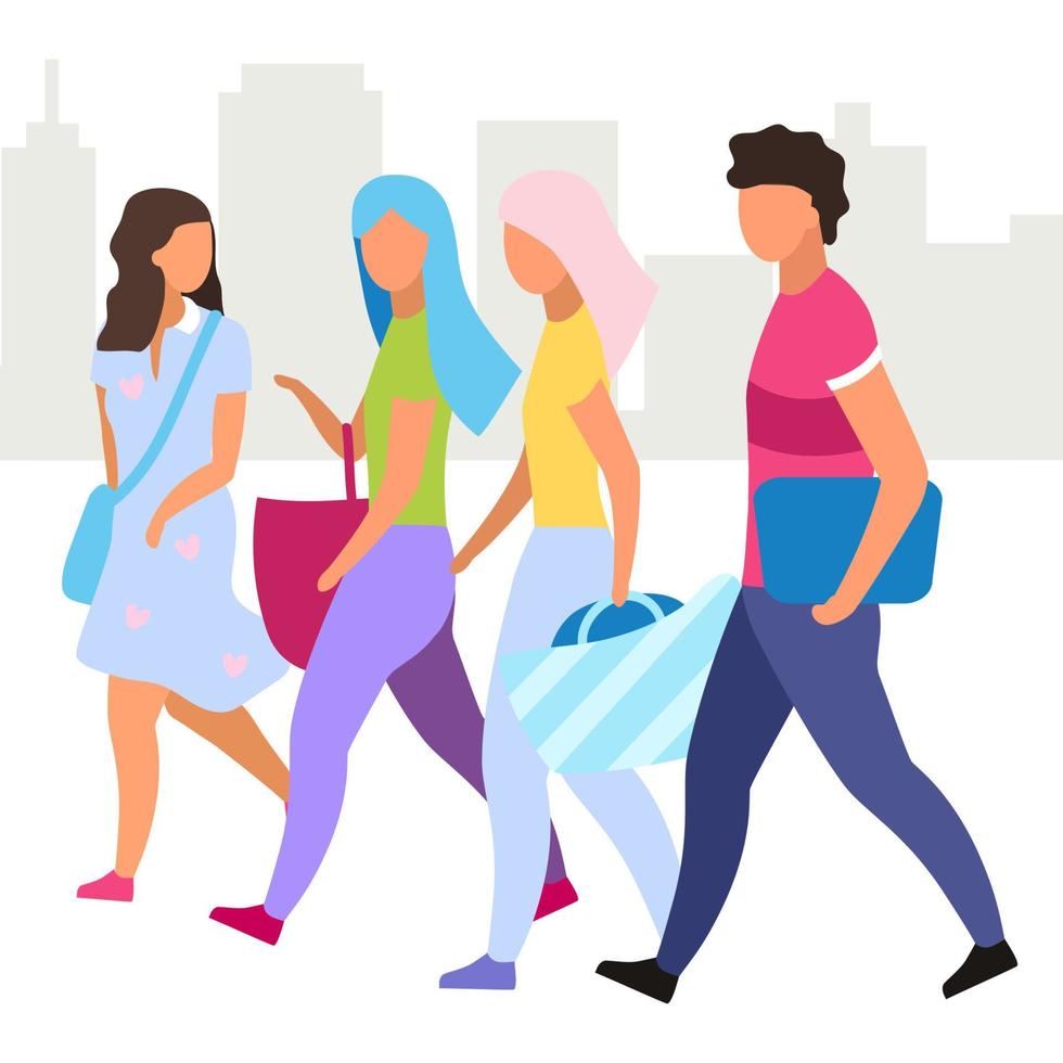 Friends go shopping together flat vector illustration. Guy and girlfriends walking city street cartoon characters. Best friends spending time together, pastime. Group of people, tourists walking