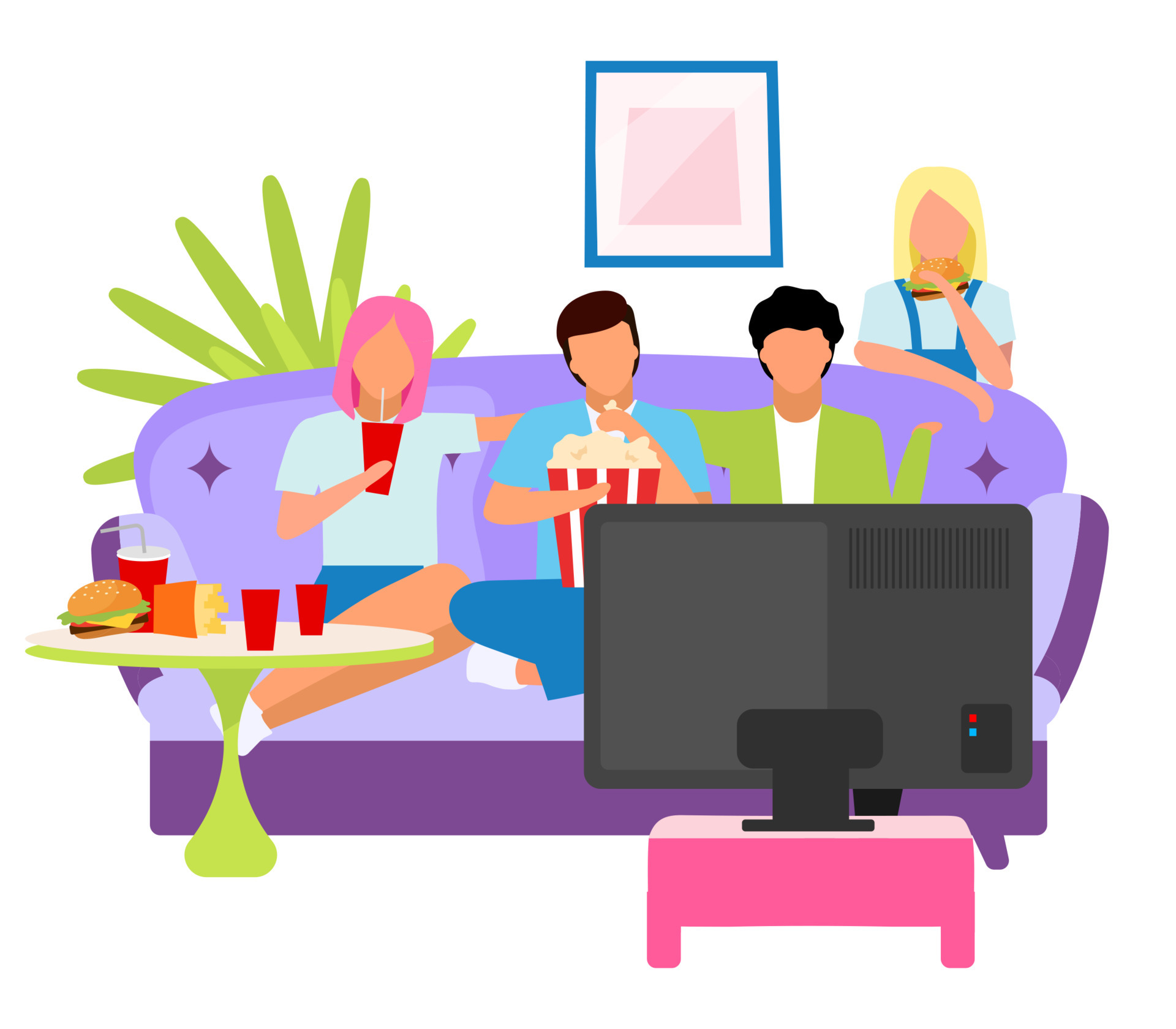 Friends watching movie together flat illustration. Guys and girls spending  time, pastime at home with TV cartoon characters. Best friend watch  television, eat snacks and popcorn. Friendship concept 4816664 Vector Art at
