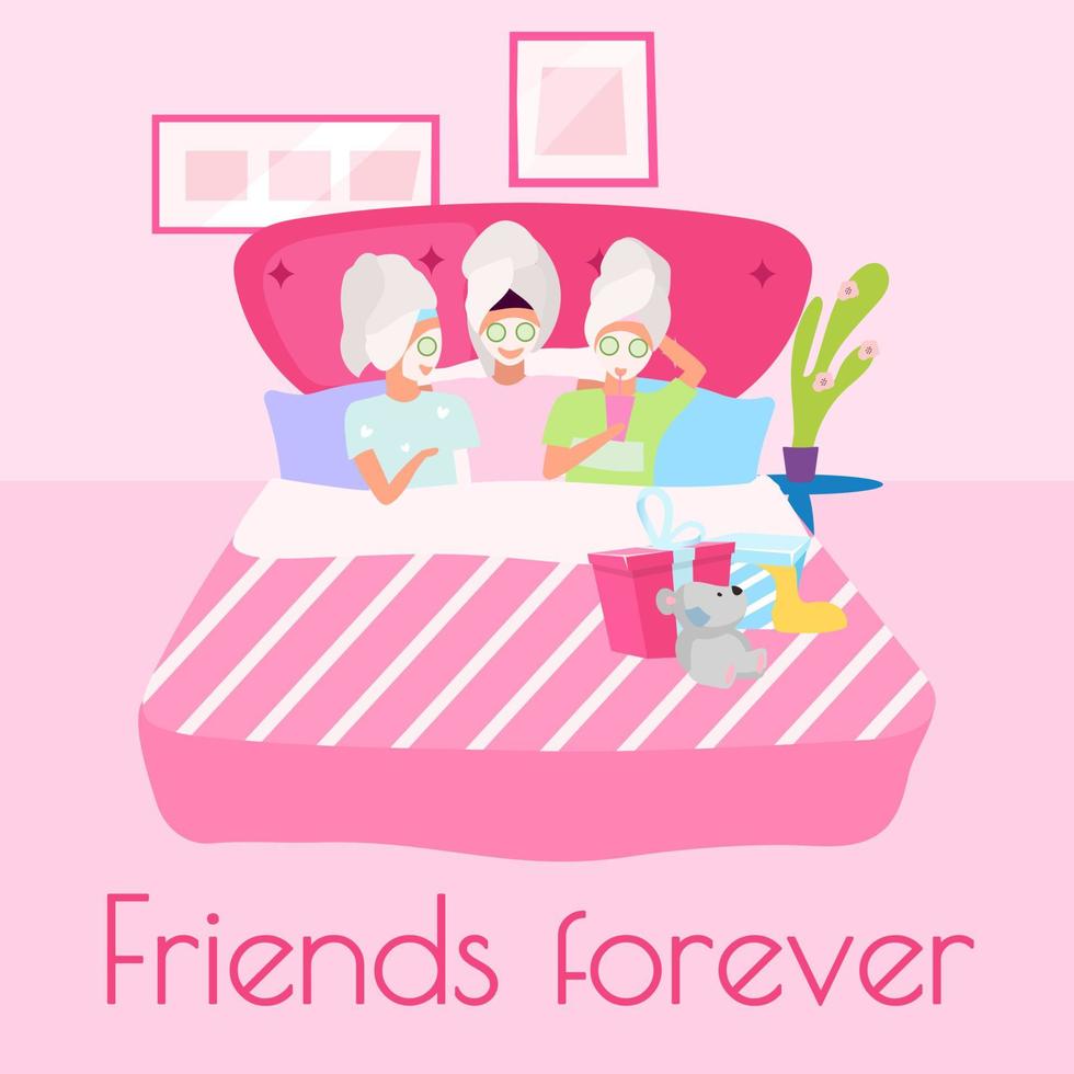 Friends forever social media post mockup. Spa sleepover party. Beauty time. Advertising web banner design template. Social media booster, content layout. Greeting card, print with flat illustration vector