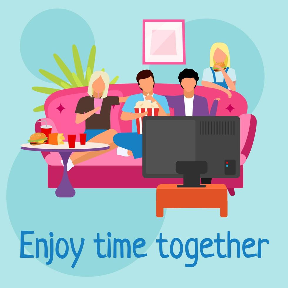 Enjoy movie time together social media post mockup. Friends pastime, leisure. Home cinema. Advertising web banner template. Social media booster, content layout. Poster, print with flat illustrations vector