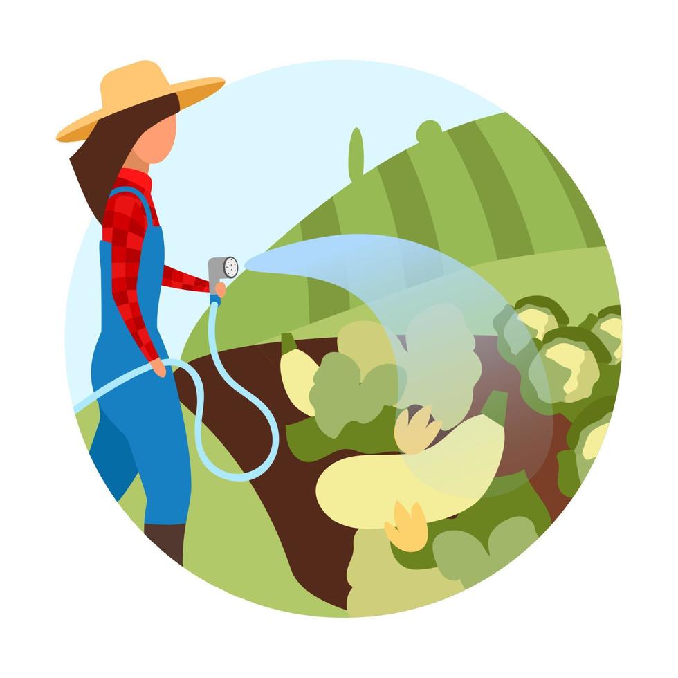 Icono de concepto plano de cultivo de cultivos de hortalizas. agricultor, regar las plantas con manguera. productos ecológicos, cultivo de productos orgánicos. pegatina de agricultura y jardinería, clipart. ilustración de dibujos animados aislado en blanco vector