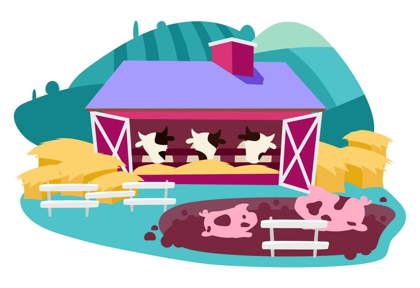 Ilustración de vector plano de granja de ganado y productos lácteos. ganadería y cría de animales agrícolas concepto de dibujos animados. producción de carne, agroindustria. vacas en establo, establo y cerdos. rancho de tierras de cultivo