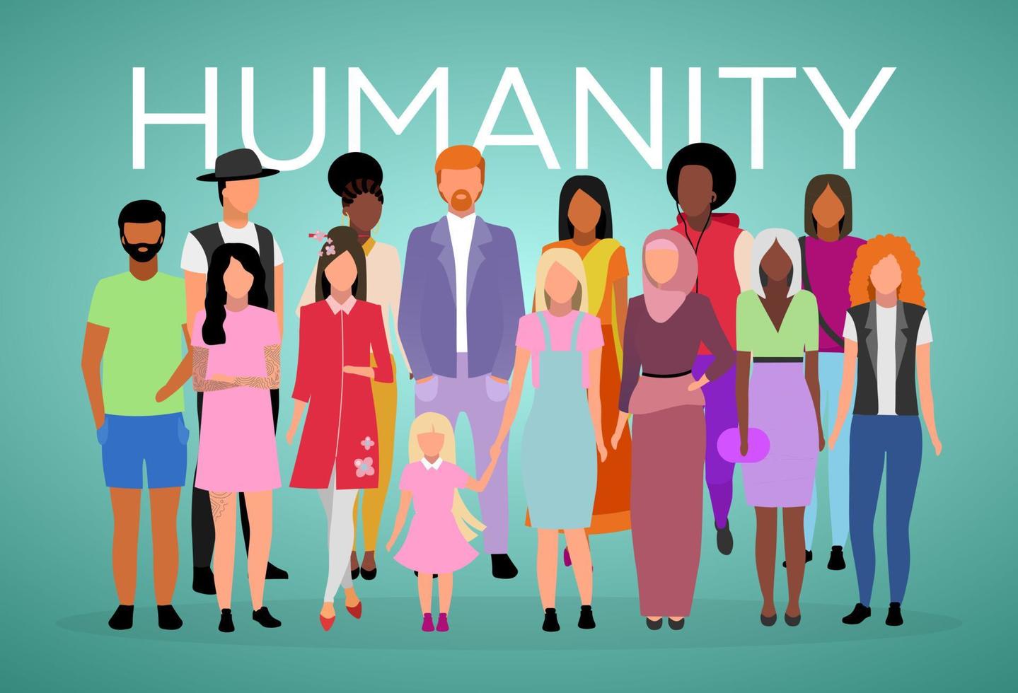 Humanity poster vector template. Adult population. Brochure, cover, booklet page concept design with flat illustration. Multiracial and multicultural people. Advertising flyer, leaflet, banner layout