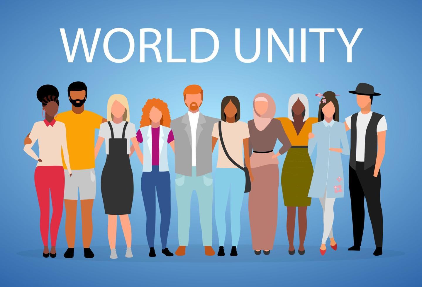 World unity poster vector template. International, multinational friendship, cooperation. Brochure, cover, booklet page concept with flat illustrations. Advertising flyer, leaflet, banner layout idea