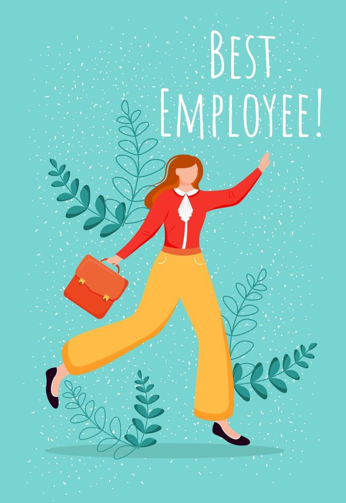 Best employee poster vector template. Top performer greeting card, certificate design with flat female cartoon character. Positive company culture. Reward for good work. Staff effectiveness incentive