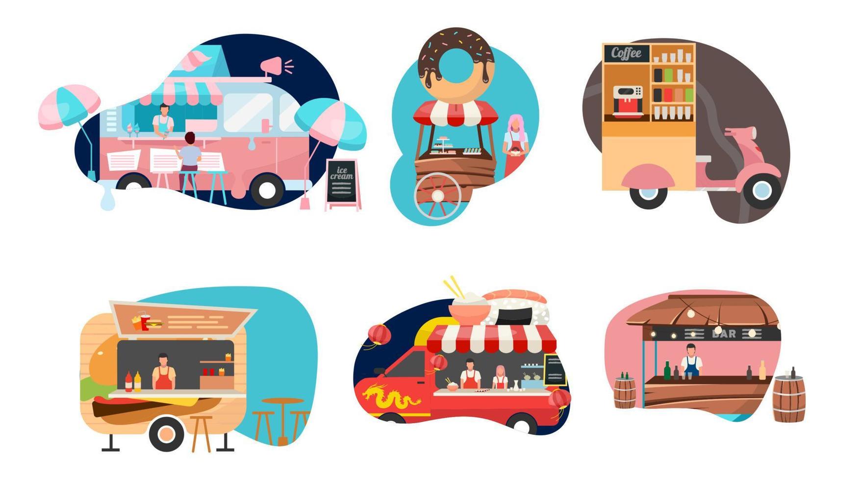Street food festival flat vector illustrations set. Various kiosks for selling ready takeaway meal. Restaurant, cafe, bar cars. Fairs, street sellers and vehicles isolated cartoon characters